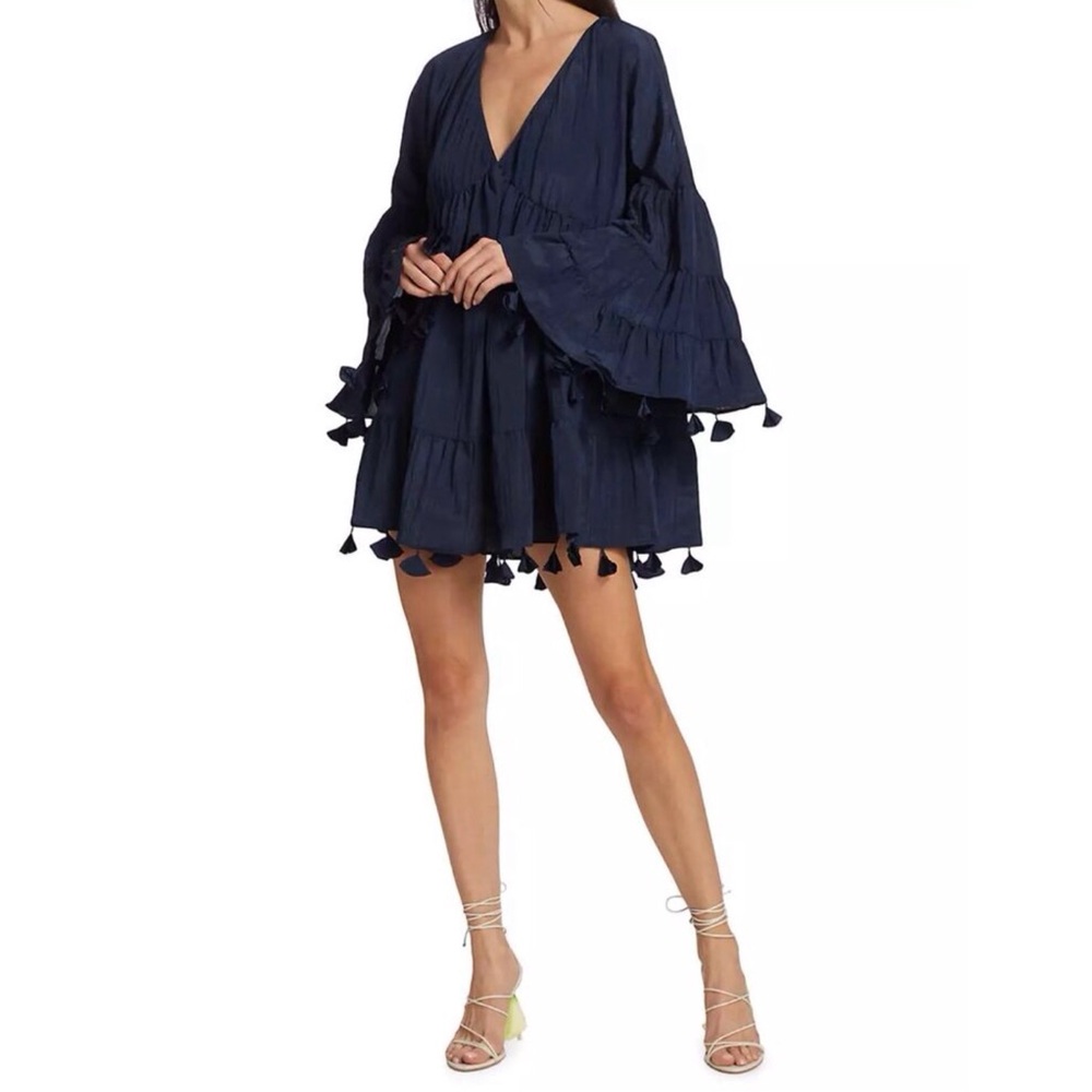 Misa Small Navy Blue Mahtab Tassel Babydoll Mini Dress Boho Western Ruffle